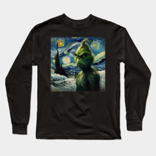 Whimsical Night: Mischievous Green Character - Starry Night Inspired Holiday Art Long Sleeve T-Shirt